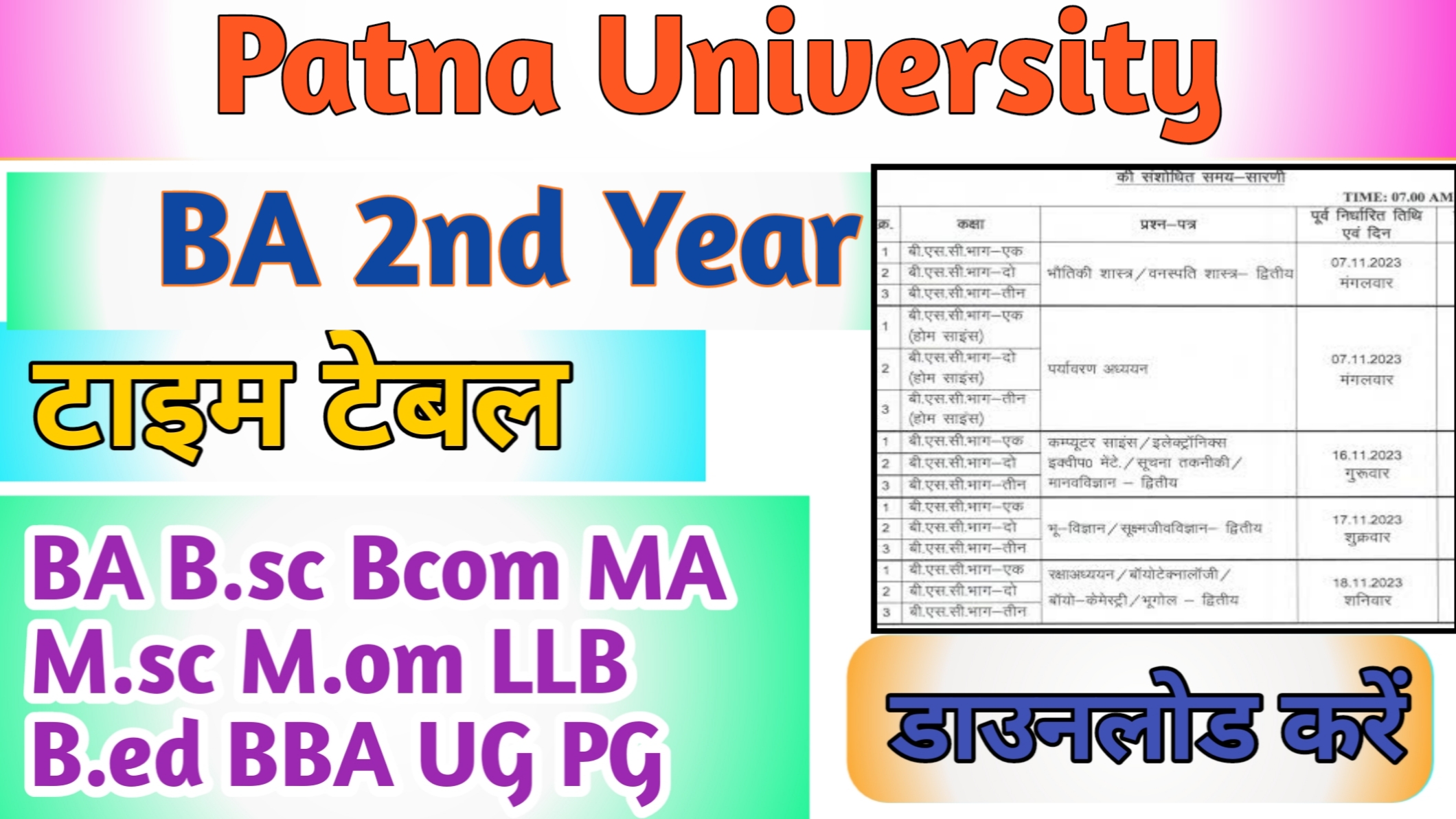 Patna University BA 2nd Year Time Table 2024